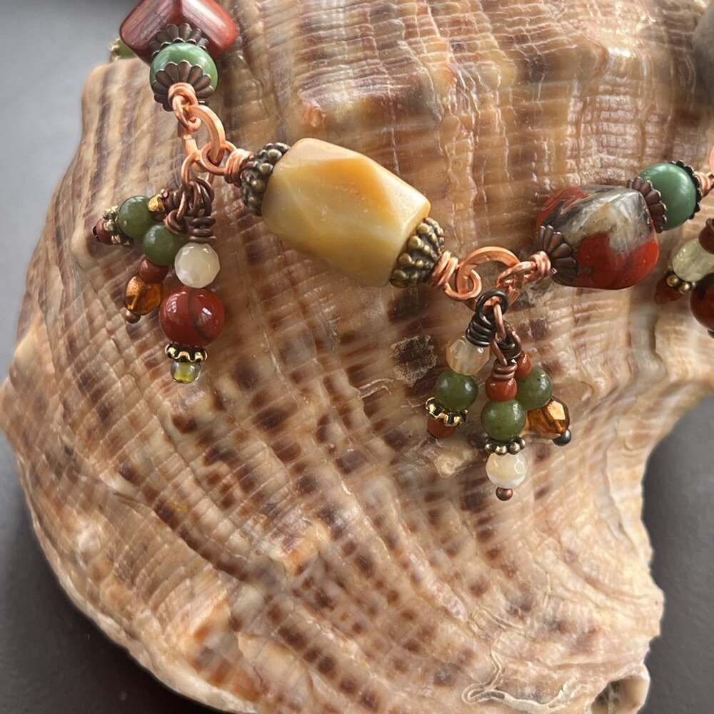Boho Gemstone Bracelet, Jasper, Agate, Turquoise Jewelry, Handcrafted Wire Wrap - Picture 4 of 9